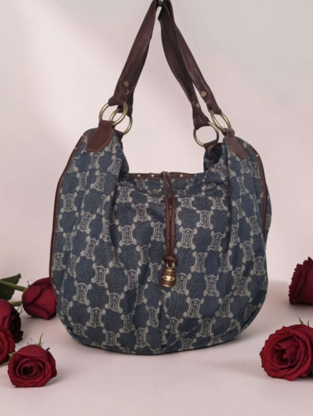 Celine Blue Monogram Denim Hobo with Brown Leather Trim
